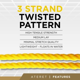 ATERET 1 Inch by 50 Feet Twisted 3-Strand Yellow Polypropylene Rope I 12,825 lbs. Tensile Strength I Lightweight & Heavy-Duty Synthetic Cord for DIY Projects, Marine, Commercial Use (1" x 50')