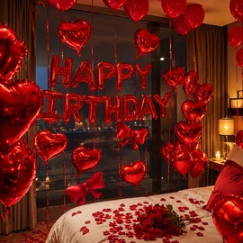 Red Birthday Balloon Set with Heart Foil Balloon - Romantic Party Decoration Kit with Bow and Petals for Birthdays and Valentine's Day