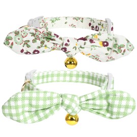 2 Pack Cotton Cat Collar, Cotton Breakaway Kitten Collars with Removeable Bow Green Cat Collar Solid Color Plaid Pet-Collar, Floral Green & Plaid