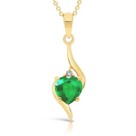Planetys 375/1000 Yellow Gold Natural Emerald Heart and Diamond Necklace for Women, Gold, Emerald Diamond
