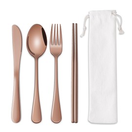 Travel Silverware Set Rose Gold Camping Picnic Utensils Set With Case Includes Knife Spoon Fork Chopsticks,Office Work Lunch Personal Flatware Set