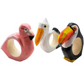 your castle Napkin Rings, Hand Carved, Animal Design - Pelican, Toucan, Flamingo, Set of 3, Made of Wood, Handpainted, Versatile, with Stable Base, 9 x 8 x 2 cm