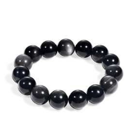 BIYONGDE Mens Natural Silver Eye Black Obsidian Beaded Bracelet, Large 14mm Natural Gemstone Beads, Dark Black Color with Silver Hue Beads Bracelet,Stretchable Chunky and Manly looking
