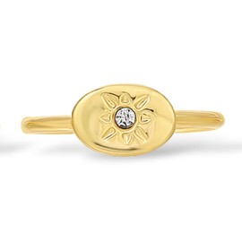 Lucky Feather April Birthstone Ring for Women - 14K Gold Plated Signet Ring with Unique Starburst Pattern - Fully Adjustable Crystal Birthstone Rings make adorable gifts for Women