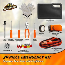 Armor All 30pc Roadside Emergency Kit - Gloves, Tools, Flashlight, Car Fuses, Tape, Socket Heads, 12G Jumper Cables & Carrying Case - Roadside Emergency Kit, Travel Essential