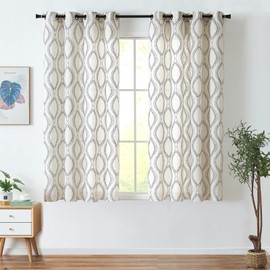 jinchan Boho Linen Blend Curtains Beige Farmhouse Curtains 63 Inches Long Blue Embroidered Leaf Living Room Ogee Geometry Drapes Light Filtering Grommet Country Drapes 2 Panels Blue on Flax