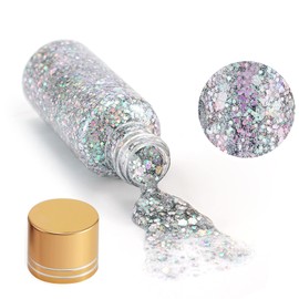 Holographic Body Glitter Gel, Mermaid Sequins Face Glitter Makeup for Body, Hair, Face, Nail, Eyeshadow, Long Lasting Waterproof Party Glitter for Festival Stage Nightclubs, 1oz (Laser Silver)