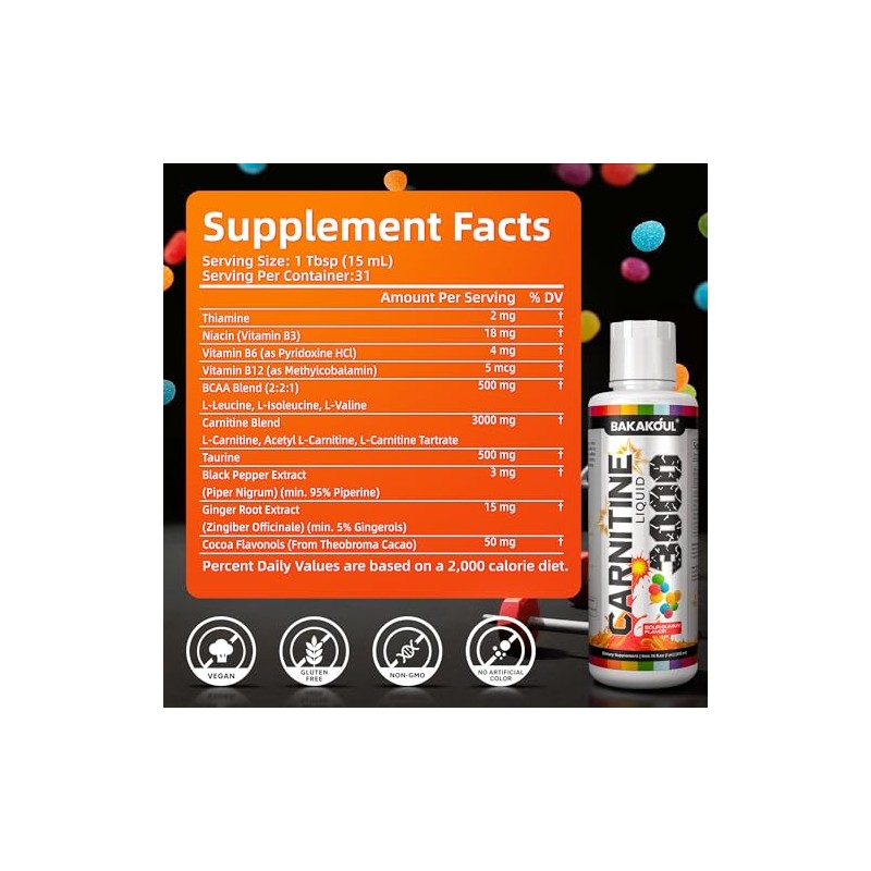 L Carnitine Supplement Liquid 3000 mg, with BCAA Sports Supplements,