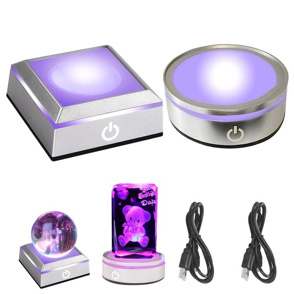 2Pack 6 Colors LED Light Base Show Stand Display Plate with Sensitive Touch Switch for 3D Crystal Glass Art (Square Concave + Round Flat)