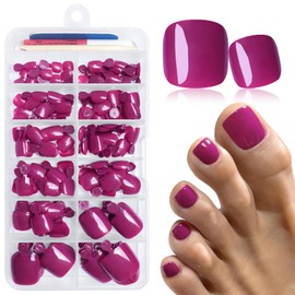 LuckForever 168pc Press on Toenails Women Fake Toe Nails with Glue Tabs, Magenta Fake Toenails Press-on Nail Short Square Acrylic Toes Nail Tips False Toenail Artificial Toe Nails Press ons