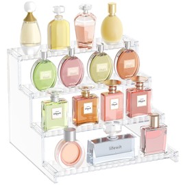 Lifewit 4 Tier Clear Display Risers Stand with Decorative Fences, Plastic 12 Inch Perfume Organizer, Display for Figures, Cupcake, Dessert, Desktop Stand for Organization and Decor, 1 pack