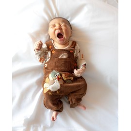 YOKJZJD Newborn Infant Baby Boy Girl Thanksgiving Outfit Turkey Suspender Pants Corduroy Bib Overalls Jumpsuit Fall Clothes (Brown, 3-6 Months)