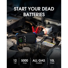 Uukto Car Battery Solar Jump Starter, 5000A Peak 12V Portable Jump Box for Up to 10.0L Gas & 6.0L Diesel Engines, Battery Pack with Built in Charge Cable, Jumper Cables & Flashlight,Blue