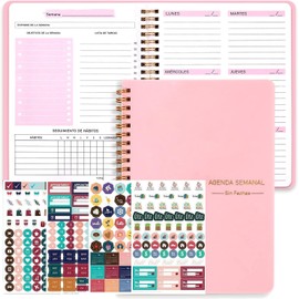 Agenda Semanal Sin Fecha, Cuaderno semanal sin fecha, cuaderno agenda de trabajo, cubierta PVC impermeable,Cuaderno de Espiral A5 (rosa)
