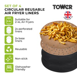 Tower TLINER1 4 Pack of Round Air Fryer Liners, Suitable for Air Fryers between 2 Litre and 4 Litre, Non-Stick, Reusable, Gold & Black