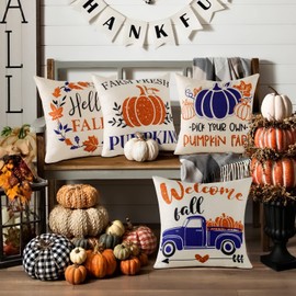 JOTOM Fall Throw Pillow Covers 18x18 Inch Autumn Cushion Covers 45x45cm Maple Leaf Truck Thanksgiving Decorations Harvest Pumpkin Farmhouse Pillowcases for Sofa Couch Bed Outdoor Decor Set of 4 (Fall)