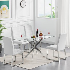 Pvillez 51" Modern Glass Dining Table with Silver Metal Legs, Tempered Glass Top for Kitchen, Living Room or Small Spaces