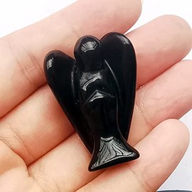 Bacatgem Natural Black Obsidian Healing Crystal Prayer Guardian Angel Statue, 1.5 inches Carving Pocket Palm Stone Figurines Decoration