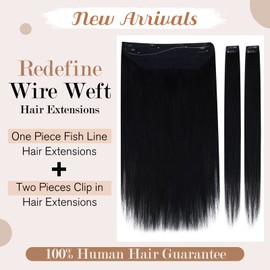 Ugeat Wire Hair Extensions Human Hair Fish Line Hair Extensions Black Human Hair Jet Black Hair Extensions Wire Human Hair with 2 Pieces Clip in Hair Extensions 100 Grams
