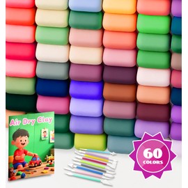 Wolwefa Air Dry Clay for Kids, 60 Colors Air Dry Modeling Clay, Molding Clay for Sculpting,Non-Sticky Soft, Sculpting Tools Guide, Arts Crafts for Kids Ages 8-12