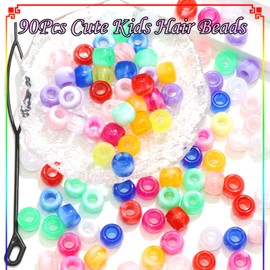 NAISKA 90Pcs Colorful Hair Beads for Kids Girls White Beads for Hair Gradient Hair Beads for Braids Round Dreadlock Beads Small Pony Beads Toddler Loc Beads Clips Accessories