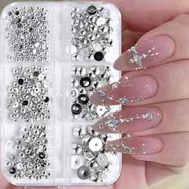 KAAGEE Gold Silver Pearls for Nails 3D Half Round Pearl Nail Charms Punk Nail Pearls for Nail Art Retro Metal Nail Studs Flat Back Pearl Nail Beads Nail Decorations for Nail Art (2 Boxes)