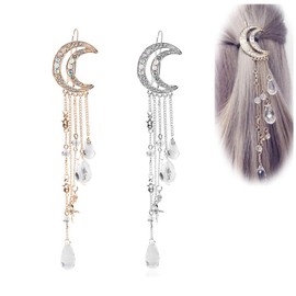 Andelaisi Boho Moon Hair Clip Crystal Tassel Hair Barrette Hollow Crescent Hair Clip Rhinestone Beads Dangle Hairpin Clip for Women and Girls Hair Accessory Headdress (Silver)