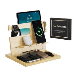 Semiocthome Dad Present from Daughter or Son, Wood Bedside Desk Organizer, Birthday Present for Husband Boyfriend, Mens Present, Wooden Phone Docking Station Beige