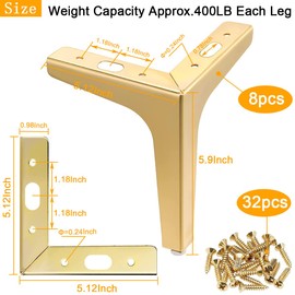 LOSYHU 6 inch Metal Furniture Legs, Gold Legs for Furniture Set of 8, Sofa Legs 6 inch, Modern Furniture Feet for Couch Dresser Chair Bed Table Cabinet Ottoman Cupboard DIY Replacement Parts