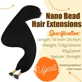 Ugeat Nano Beads Hair Extensions Real Human Hair Off Black Nano Ring Extensions Natural Black Short Hair Prebonded Hair Extensions #1B 14Inch