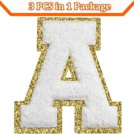 Letter Patches Iron on 3Pcs Chenille Letters for Jackets 3.2inch Varsity Letters Patches Letterman Glitter Patches Iron on Letter for Clothing,Bags,Dress,Shoes,Hats White A