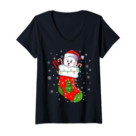 Womens Funny Havanese Dog In Christmas Socks Lights Xmas V-Neck T-Shirt