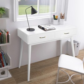 FUNKOCO White Small Desk with Drawers - 40 Inch Home Office Study Writing Desk for Bedroom, Vanity Desk with 4 Solid Legs, Modern Computer Desk for Small Spaces