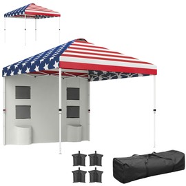 Outsunny 10' x 10' Pop Up Canopy Tent with Sidewall, UPF50+ Instant Sun Shelter with Storage Pockets, Vented Roof for Parties, Height Adjustable, Carry Bag, Sand Bags for Outdoor Patio, American Flag