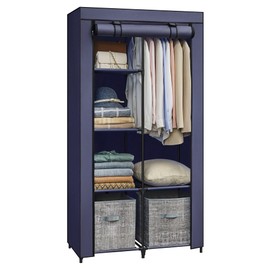 SONGMICS Portable Closet, 34.6 Inch Large Capacity Wardrobe Closet Organizer with Fabric Cover, Hanging Rods and Shelves, 34.6 x 17.7 x 66.1 Inches, for Bedroom, Living Room, Dark Blue URYG084I02