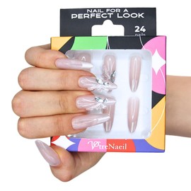 Votrenaeil Press On Nails – Bow Bride | No Glue Almond Nude Glossy Nails with 3D Bow & Crystal Accents for Party – 24 Pcs Nail Kit with Adhesive Tabs