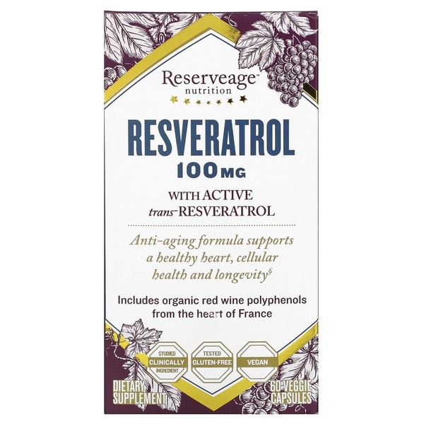 Reserveage, Resveratrol 100 mg Antioxidant Supplement for Heart and Cellular Health, Supports Healthy Aging, Paleo, Keto, 60 Capsules (60 Servings)