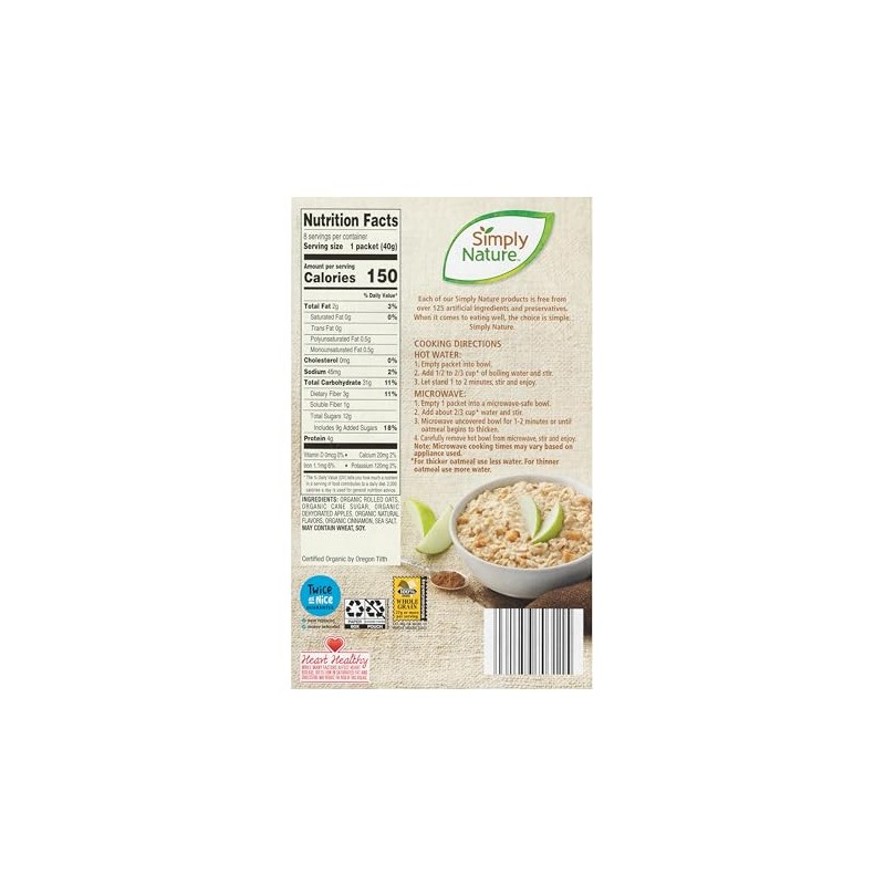 Simply Nature Organic Instant Oatmeal Packets (2 Boxes, Apple Cinnamon)