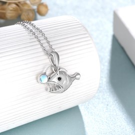 Angler Fish Moonstone Pendant Necklace 925 Sterling Silver Lantern Fish Necklace Angler Fish Jewelry Gifts for Women