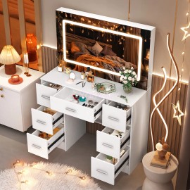 Yamissi Vanity Desk Set with LED Light Mirror Makeup Vanity Table 7 Drawers For Bedroom