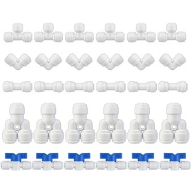 HUAZIZ 30 Piece Universal Connection Set Adapter Fitting Connector, RO Water Filter Fitting, for 1/4 Inch Hose, Fridge Hose, Water Hose (Y + T + I + L Type + Shut-off Valve)