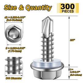 Mywish 300pcs #10×3/4" Self Tapping Screws for Metal, 410 Stainless Steel, Hex Washer Head Self Drilling Screws, High-Strength Quick Tapping TEK Screws, Corrosion Resistant