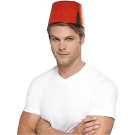 Smiffys Fez Hat, Red with Black Tassel, Around The World Fancy Dress, Adult Dress Up Hats