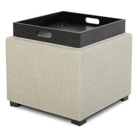 CHITA Storage Ottoman Cube with Tray,Footrest Stool Seat Serve as Side Table, Fabric in Linen