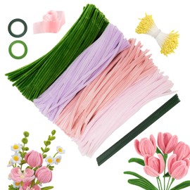 400 Stück Pfeifenreiniger zum Basteln, 4 Farben-Pfeifenreiniger,Pfeifenreiniger Blumen Set mit Schleifenband,Blumen Staubblatt, Blumendraht,pfeifenputzer zum basteln für Blumenstrauß DIY Dekorationen