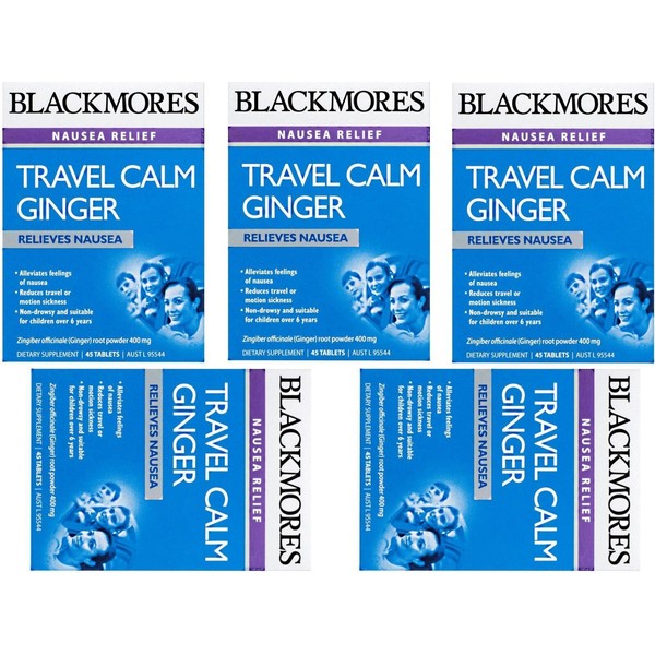 5 x 45 tablets BLACKMORES TRAVEL CALM GINGER for nausea travel & sea sick tabs