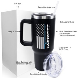 PERRIFIC Fishing Tumbler 40 oz Tumbler with Handle and Straw Lid Leak Proof | Fishing Gifts for Men Father's Day Birthday Gifts for Men Dad Husband | Stainless Steel Cup Dishwasher Safe