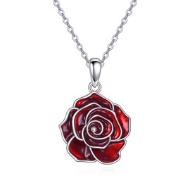 URONE Flower Necklace 925 Sterling Silver Red Flower Pendant Enamel Rose Jewelry Gifts for Women (rose)