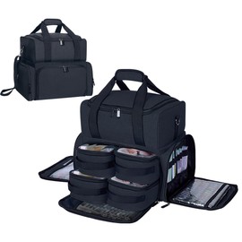 UOZL Large Cosmetic Bag with 4 Removable Case and 2 Removable Dividers Double Layer Travel Storage Organizer, Makeup Brushes Storage Section Black