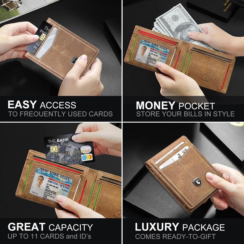 GSOIAX Men's Slim Wallet Leather Carbon Fiber RFID Blocking Simple